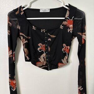Elegant Black Dragon Print Crop Top